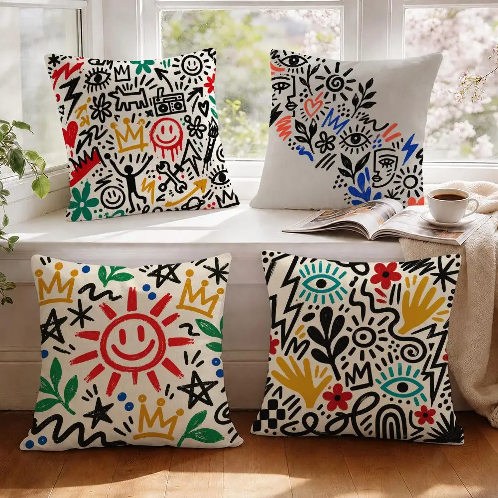 Doodle Symbols Cushion Cover 1/4Pcs Linen Throw Pillow Covers Double-Side Print Sofa Couch Living Room Decor