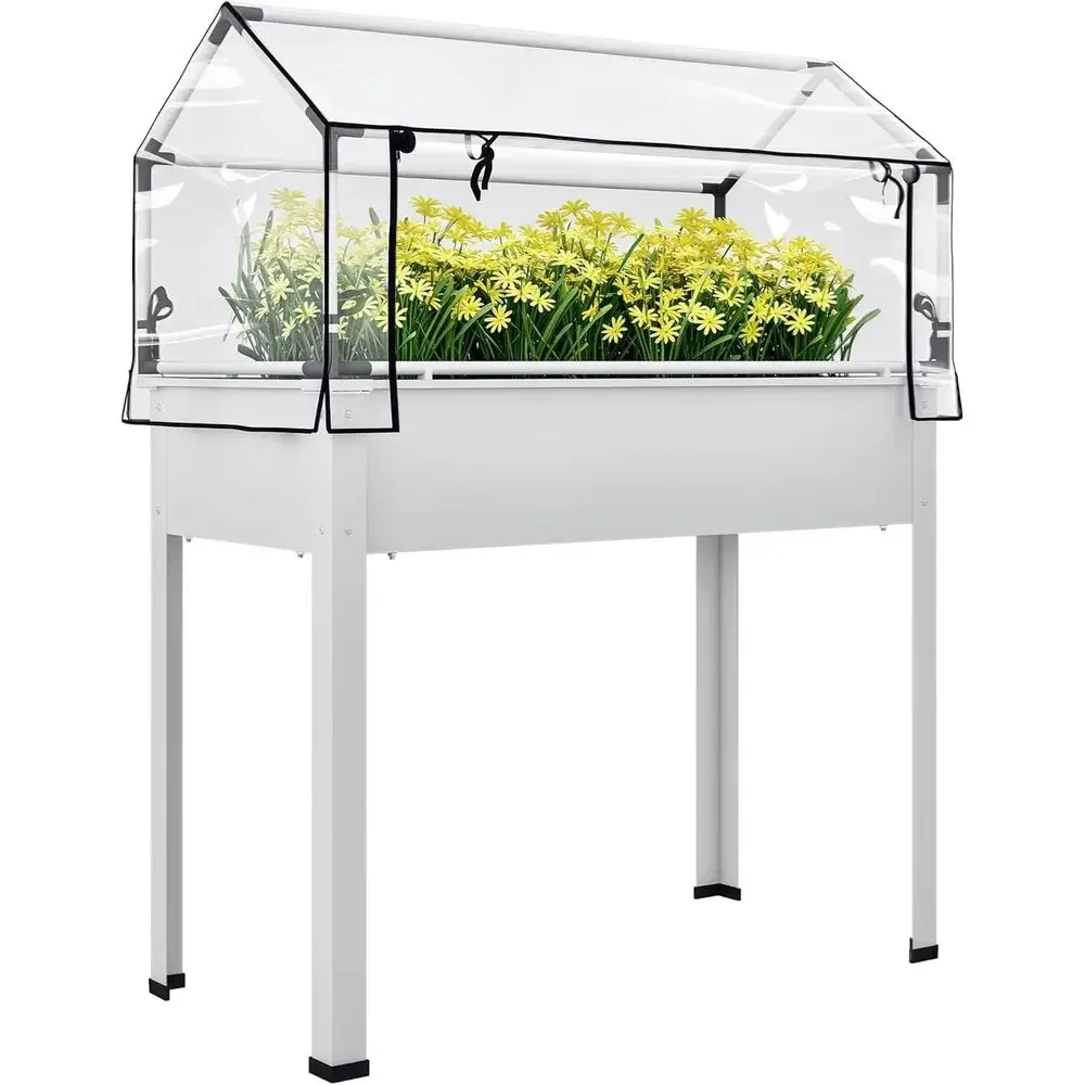 Elevated Garden Bed with Greenhouse Lid, Legged Planter for Vegetables and Herbs, 39.4 x 18.9 x 48.8, White