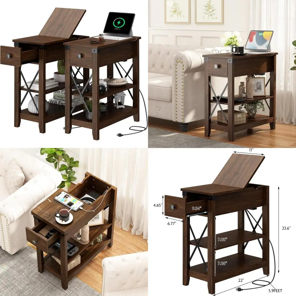 

Farmhouse Style Dual End Table Set with Charging Features, USB Ports and Power Outlets, Flip Top Nightstands