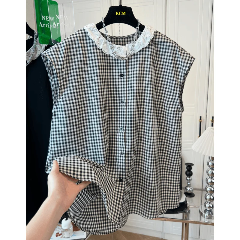 

Sleeveless Shirts Female Summer Korean Fashion Loose Ruffles Blouse Women Clothes Casual All-match Plaid Patchwork Buttons Tops