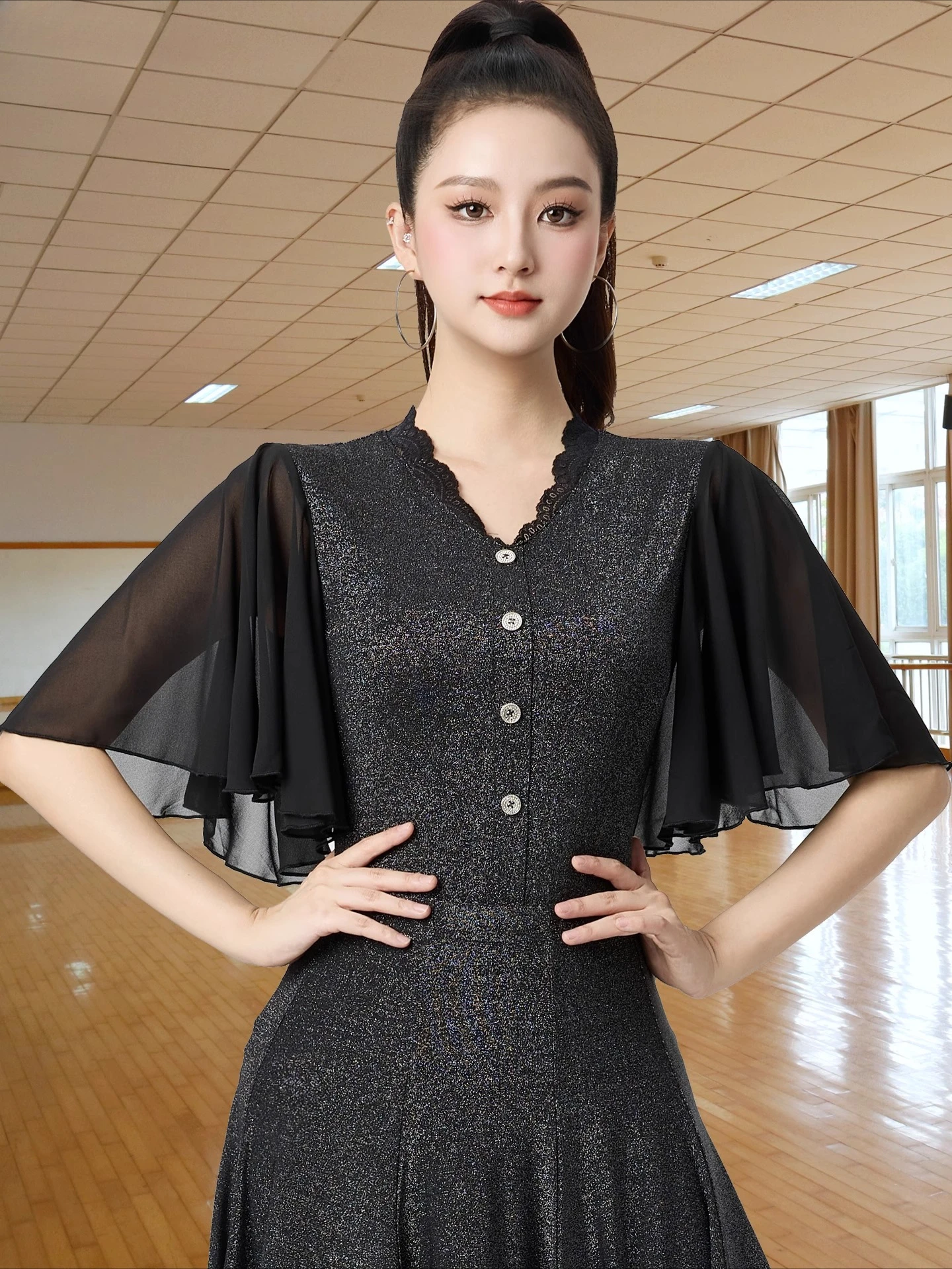 

Line Dance Top Women Dancewear Sexy Mesh Fashion V-neck Top National Standard Dance Chacha Rumba Tango Modern Dance Costumes