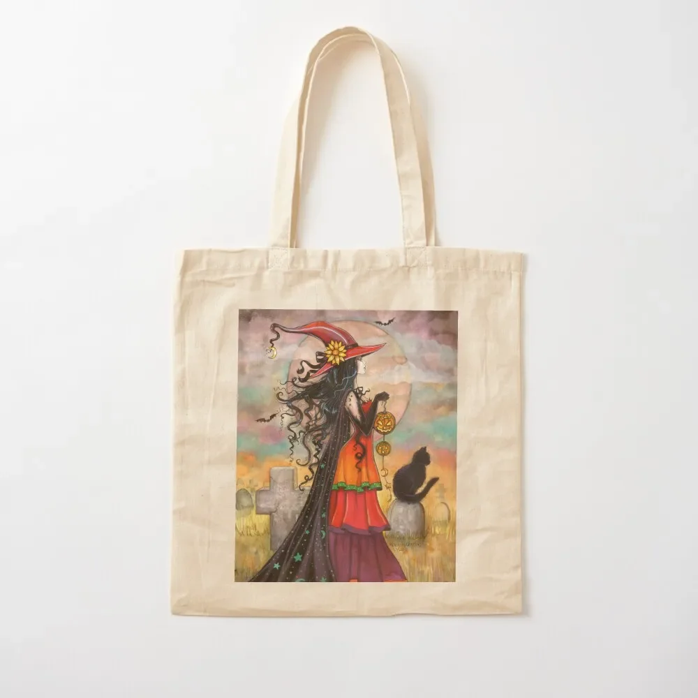 

Witch Way Halloween Witch and Black Cat Fantasy Art Tote Bag reusable shopping bag hand bags Fabric bag