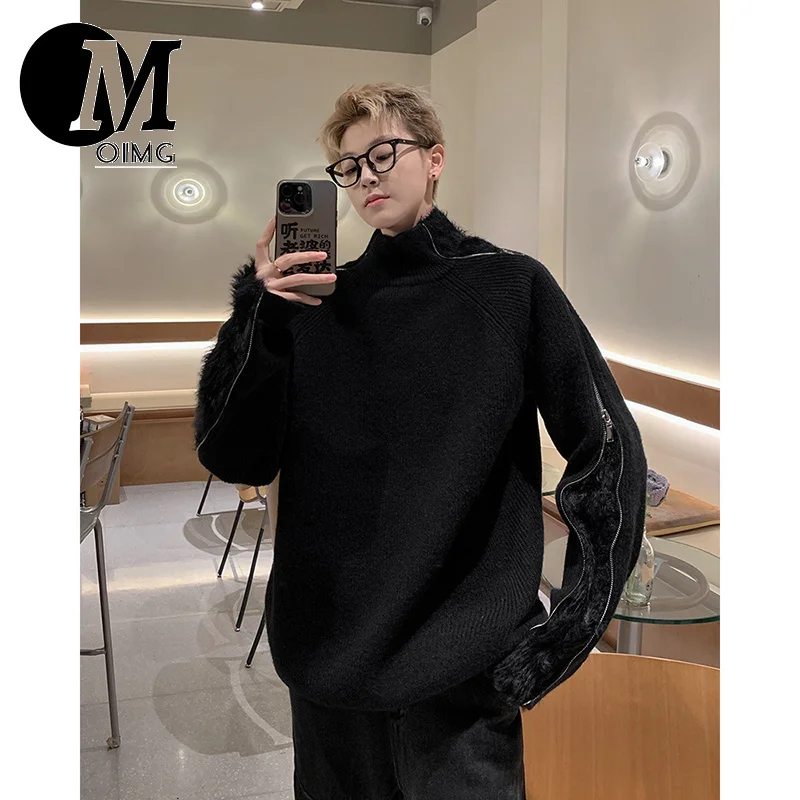 [OIMG] Double Headed Metal Zipper Design Sweater Solid Color Autumn and Winter New Loose Knit Sweater for Men