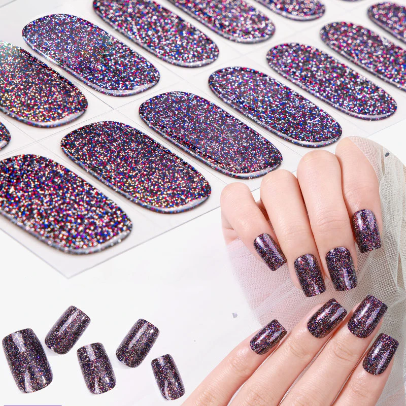 Express Manicure 16 Tips Full Cover Sparkly Glitter Nail Stickers EnviroNmental No Need UV Lamp Cured Press ON Nail Decals