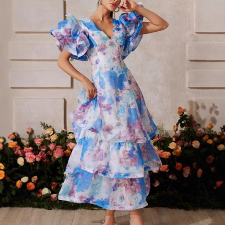 2025 جديد Ladylike الثقيلة العمل الخامس الرقبة ثوب مسائي كعكة تنورة تصميم مطبوعة تكدرت كم فستان طويل #2