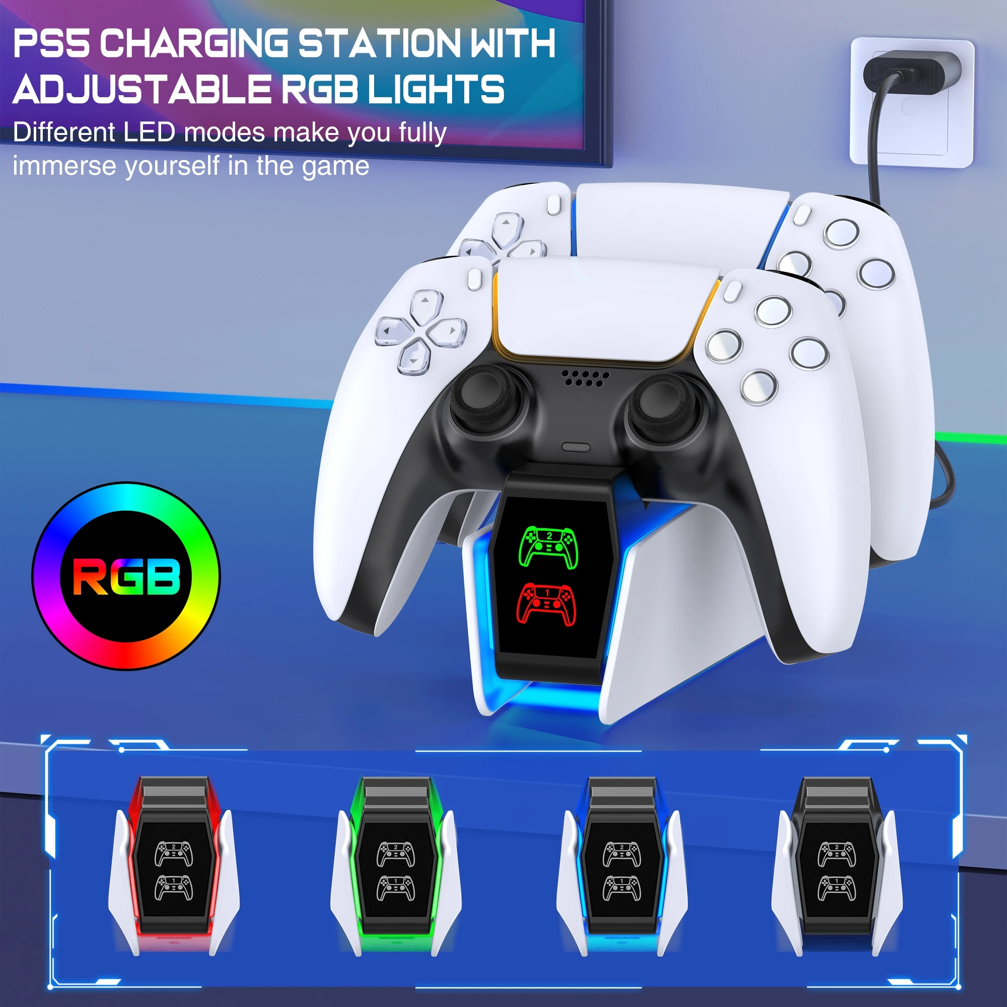 BEBONCOOL FC300 RGB Controller Charging Station For PlayStation 5 Dual Fast Charger LED Indicator Charging Stand For PS5 Gamepad