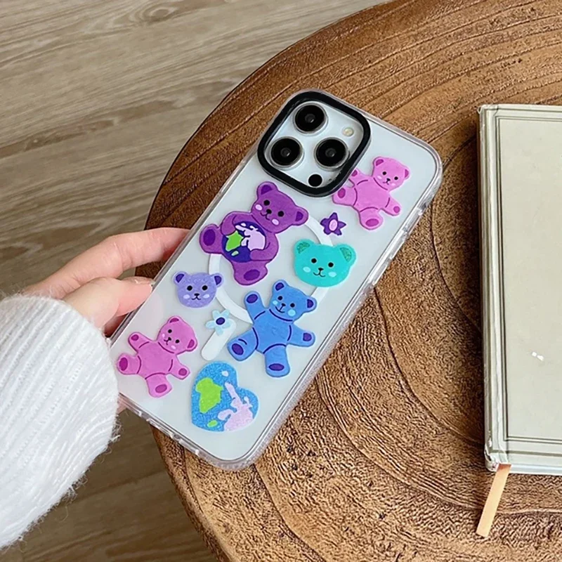 

Colorful Bear Acrylic Transparent Border Magnetic Phone Case Cover for IPhone 13 14 15 16 Pro Max Case