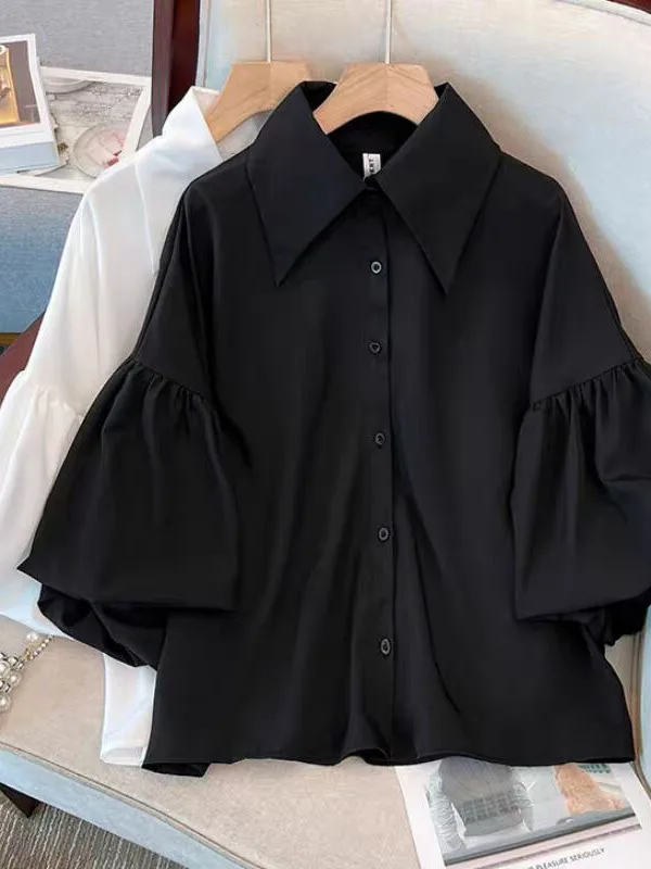 plus Size Women's Spring New Style Shirt Loose Lantern Sleeve Chiffon Slimming Fashionable Korean Version Long Sleeve Button up