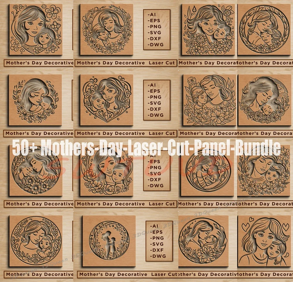 50+ Mothers Day Laser Cut Panel Bundle Design Drawing for CNC Laser Cutting