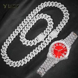 3pcs Cuban Chain Watch for Men Hip Hop Miami Curb Iced Out Paved Rhinestones Rapper Cuban Necklace Suit Watch+Bracelet Jewelry