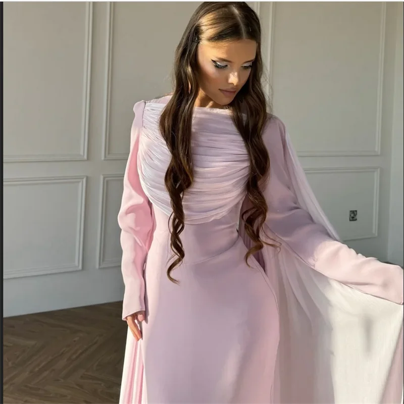 Personalizado rosa com um xale mangas compridas robes de soirée a linha plissados vestidos de noite até o chão elegante vestido de casamento 2025