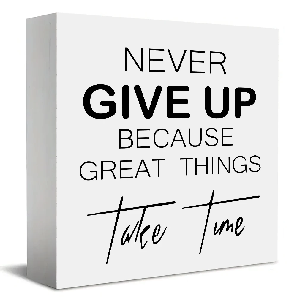 1PC Never Give Up, Great Things Take Time. Square Wooden Inspirational Decor Sign - Elegant Wood Grain Design for Home, Office