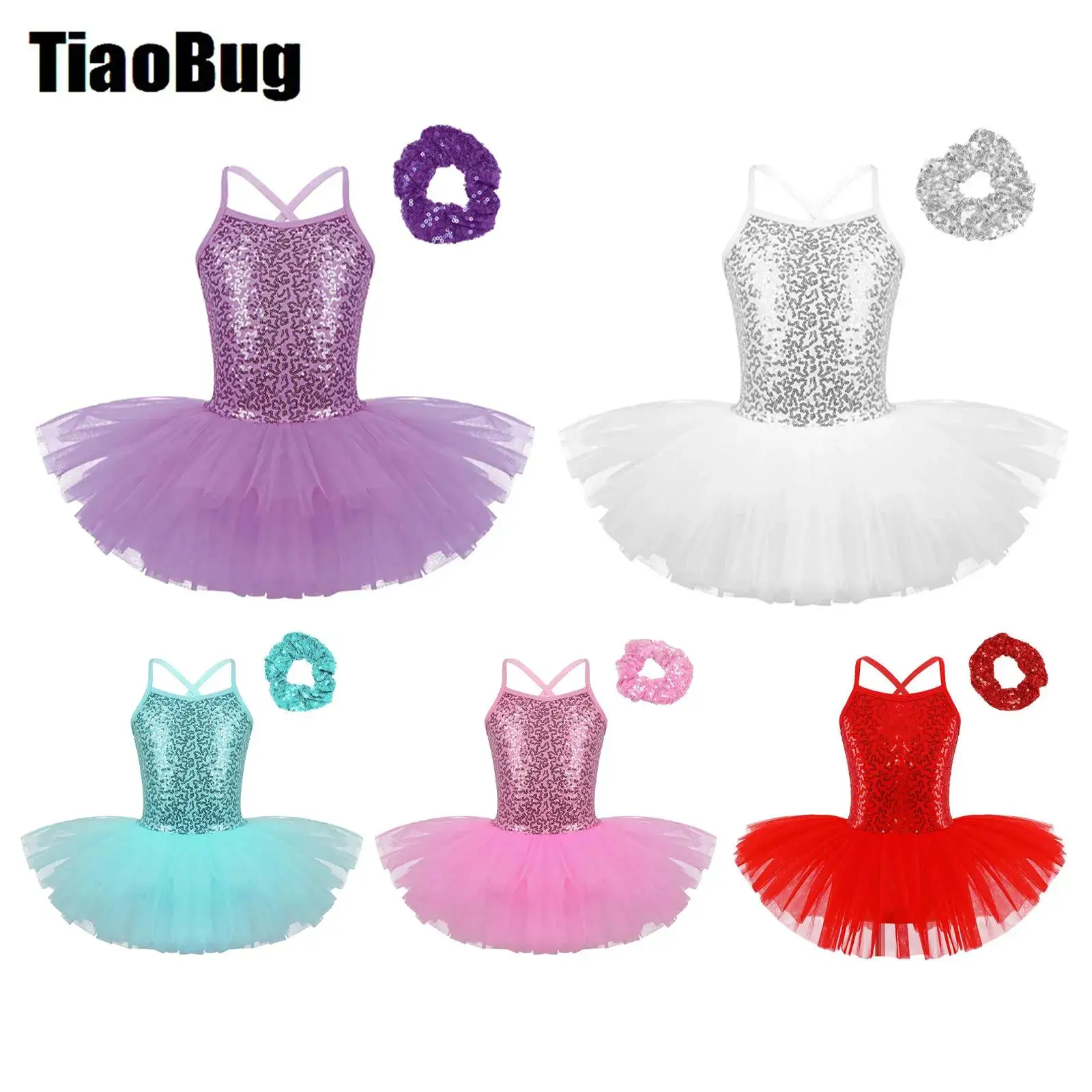 

Kids Girls Tutu Ballet Dress Sequined Dance Performance Costume Sequined Tutu Dress with Hair Tie Headwear