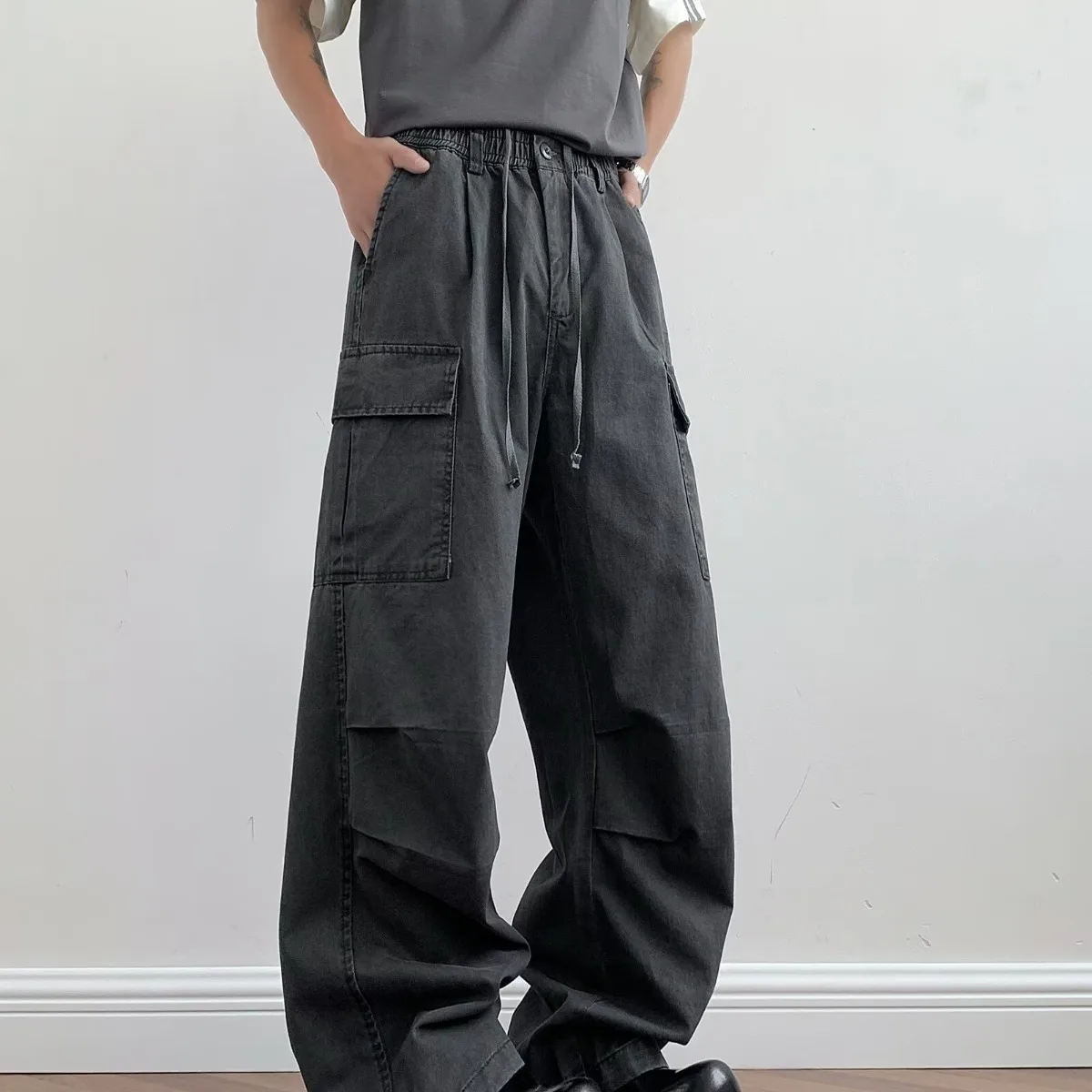 

Свободные прямые брюки в стиле ретро с американской талией, мужские повседневные винтажные широкие джинсы, удобные хлопковые летние брюки