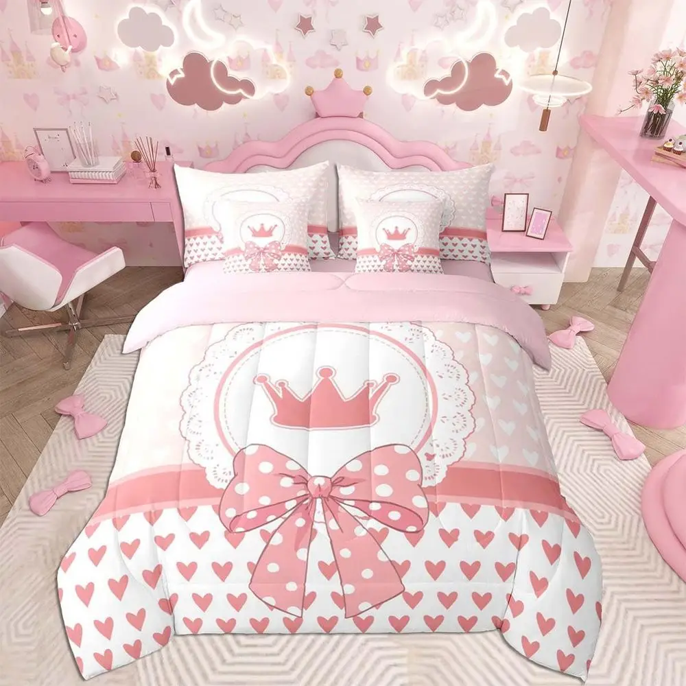 

7-Piece Queen Bowknot Bedding Set: Kawaii Crown Print, Heart & Love Theme for Kids & Teens, Lightweight Microfiber Comforter