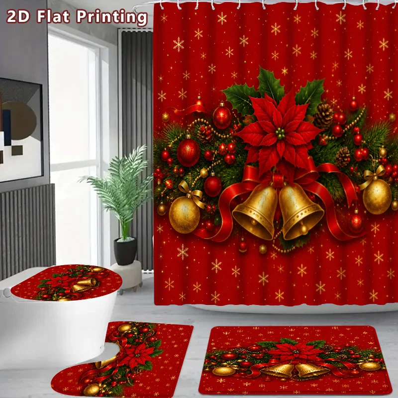 4pc 2D Flat Christmas Shower Curtain Set, Red Gold Poinsettia Bells & Snowflake Print, Non-slip Mats & Toilet Cover