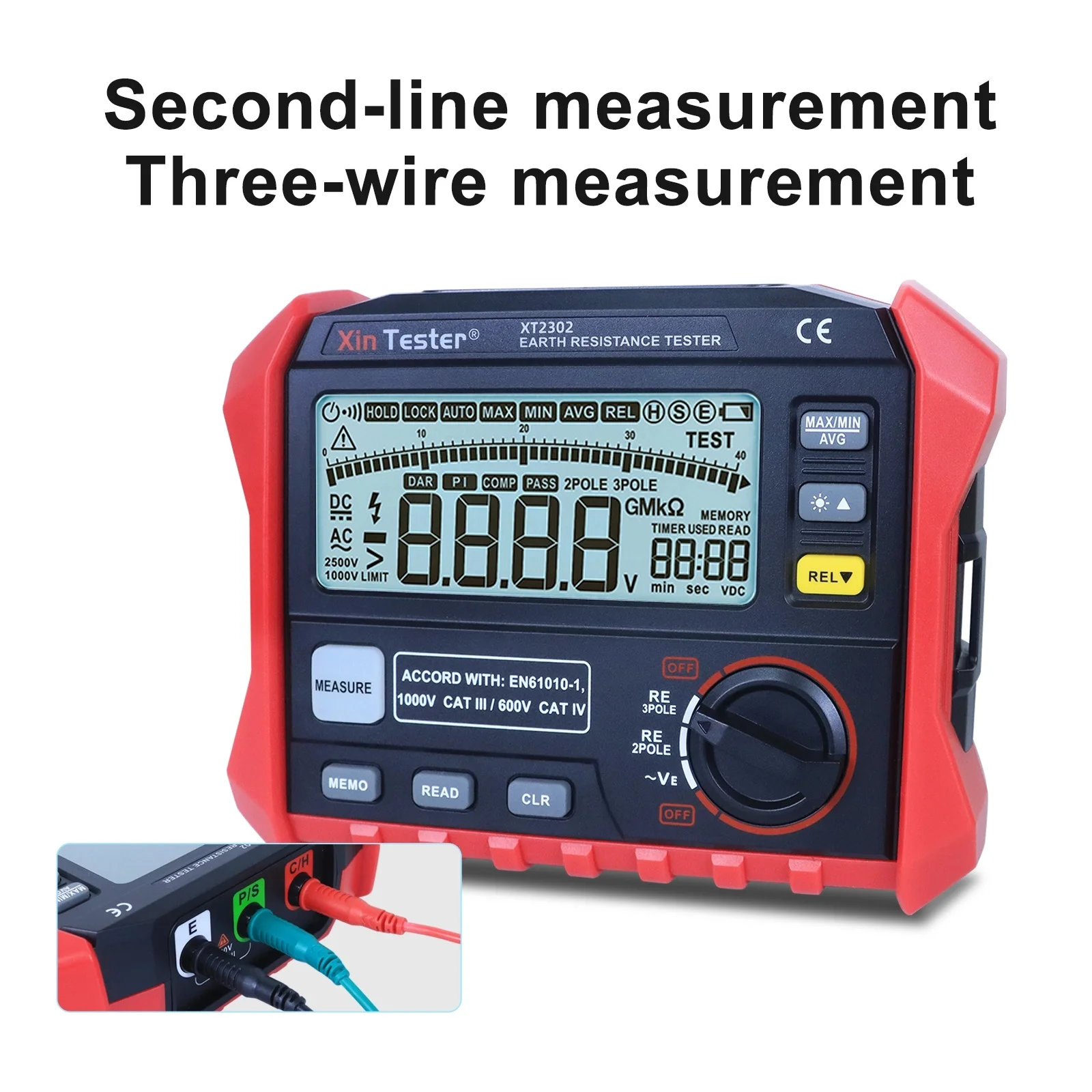Xin TesterXT2302 Digital Ground Resistance MeterVoltage Earth Tester 0 ohm to 4K ohm 100 GroupsData Logging with Backlight