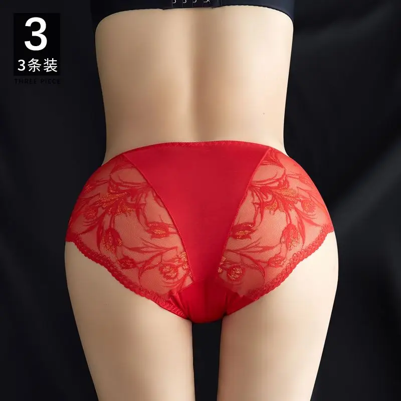 Red Sexy Pants Lace Briefs Cotton Crotch Panties Anti-bacterial Underwear Women Shorts Mid Rise Hip Lift  Breathable  Lingerie