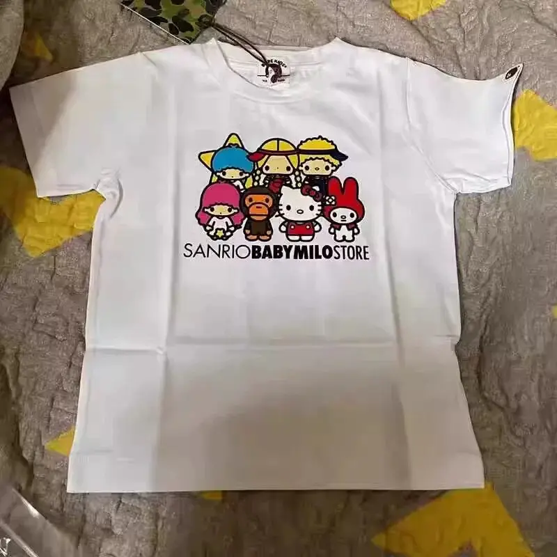 Hello Kitty Short Sleeved T-shirt for Boys and Girls, Pure Cotton Monkey Cartoon Round Neck Comfortable T-shirt
