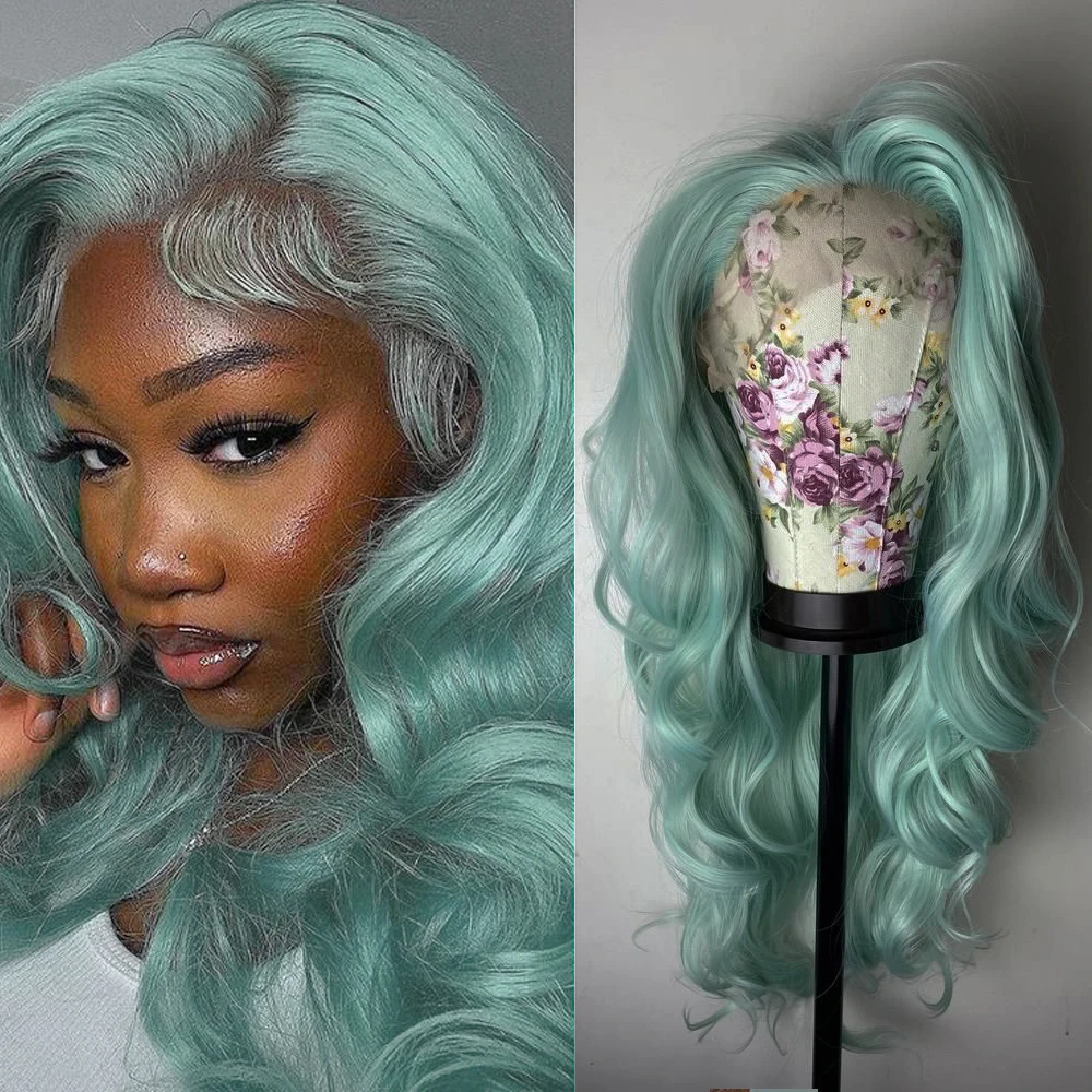 RDY Mint Green Synthetic Lace Front Wigs For Women Body Wave Green Wigs Lace Heat Resistant Wig Frontal Wig Cosplay Part Daily