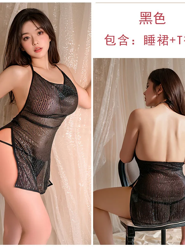 2024 Nuovo Sexy Appeso Al Collo Backless Paillettes Maglia Sheer Plus Size Vestito Delle Donne Cinching Vita Sottile Alta Fessura Abito Corto JN4D