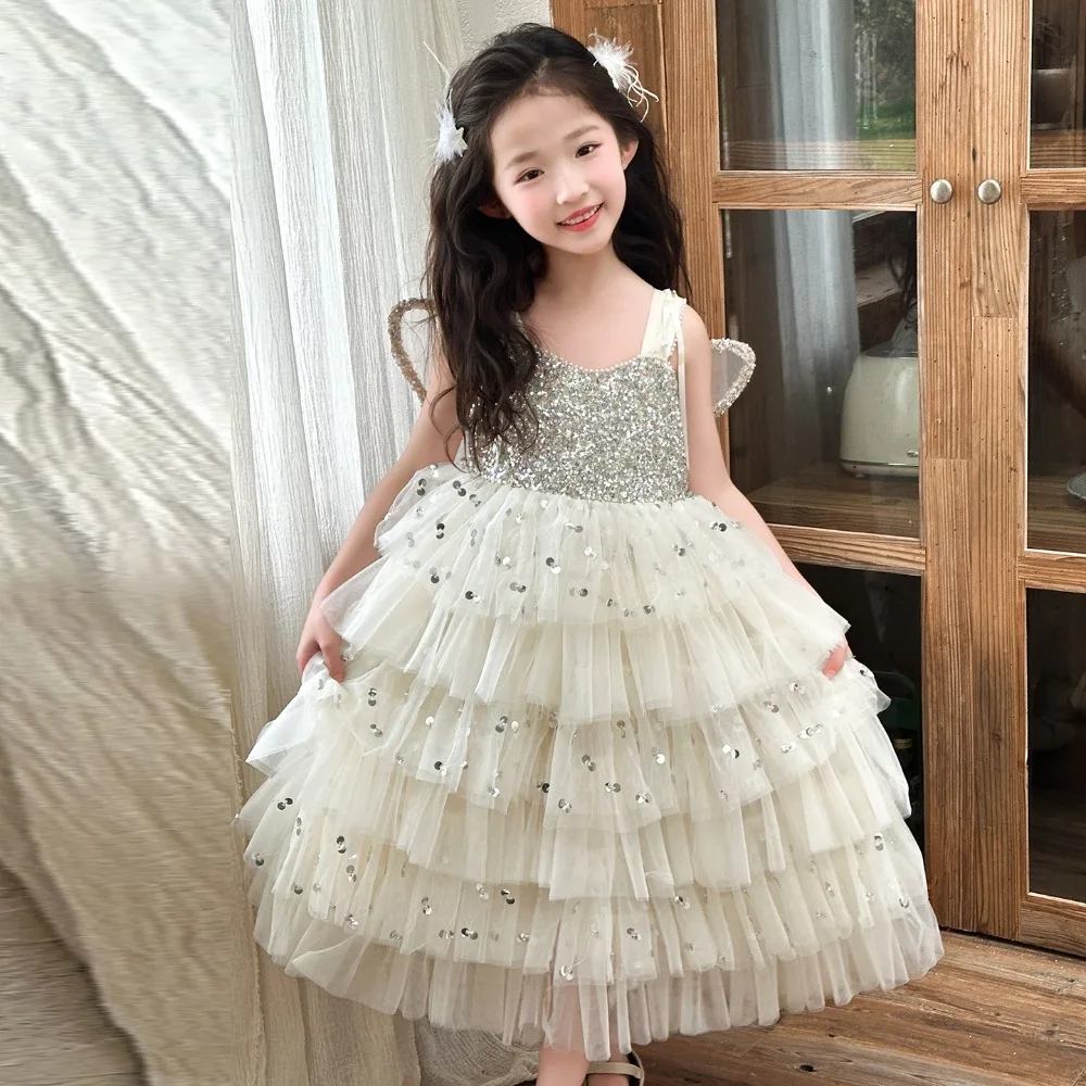 Toddler Girls Sequin Tiered Cake Princess Dress, Butterfly Wings Birthday Party Gown 2026 Summer New Arrival