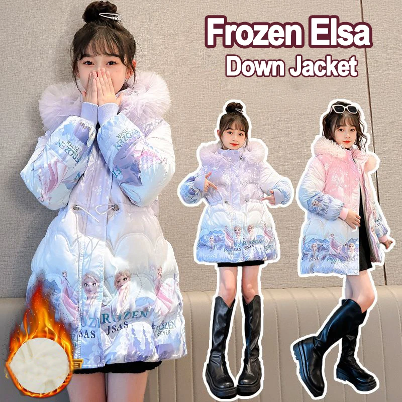 

Disney Frozen Elsa Teen Girls Down Jackets 2025 Winter Cartoon Print Hooded Coats Children Thicken Cotton Padded Princess Parkas