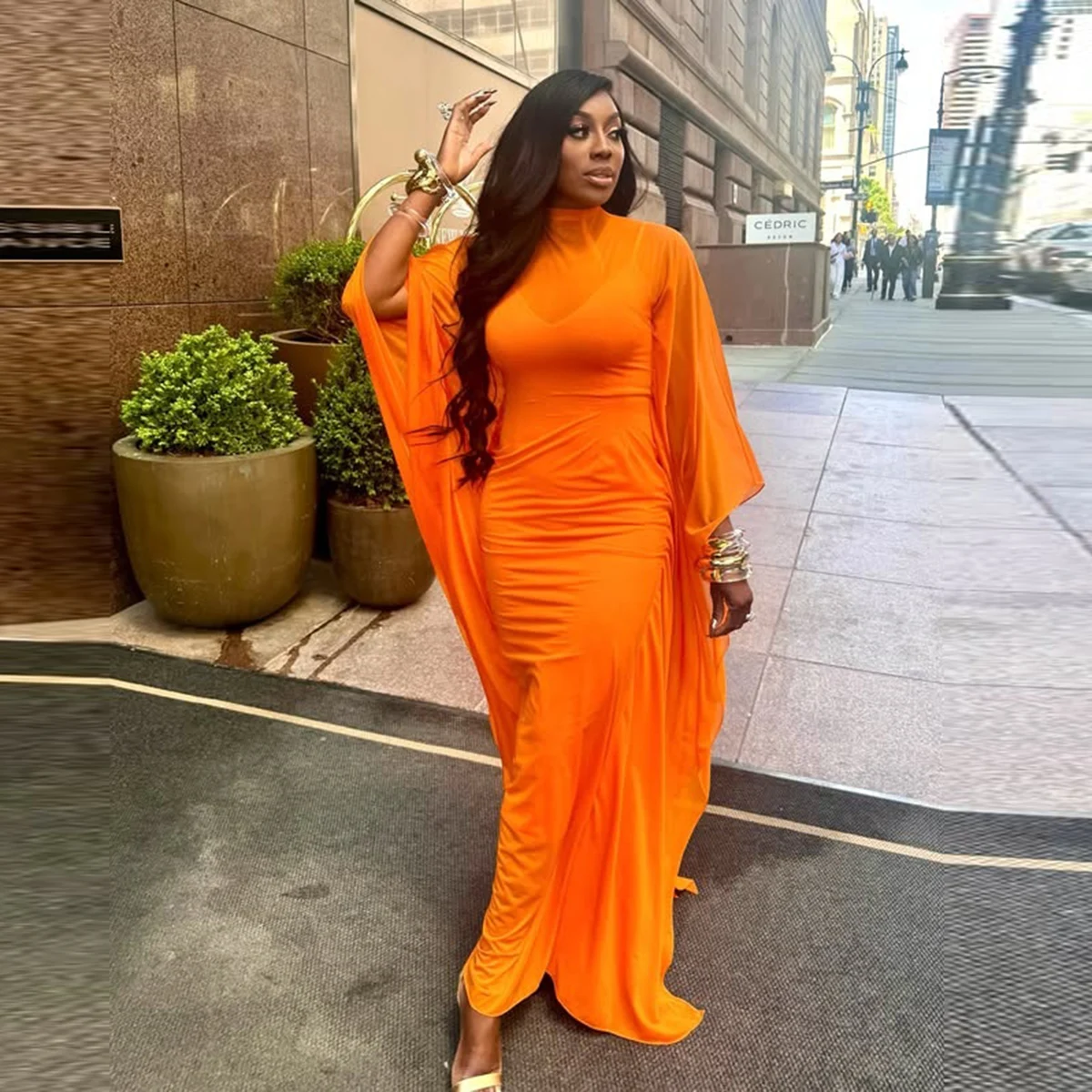 

Simple Orange Long Prom Dress Aso Ebi O Neck Cape Sleeves Sheath Women Evening Gowns Formal Occasion Formal Wear Party Dress