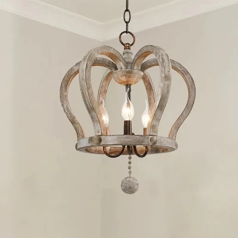 Candelabro de campo americano Retro creativo, lámpara de madera maciza francesa europea, sala de estar, restaurante, cocina, luz colgante E14