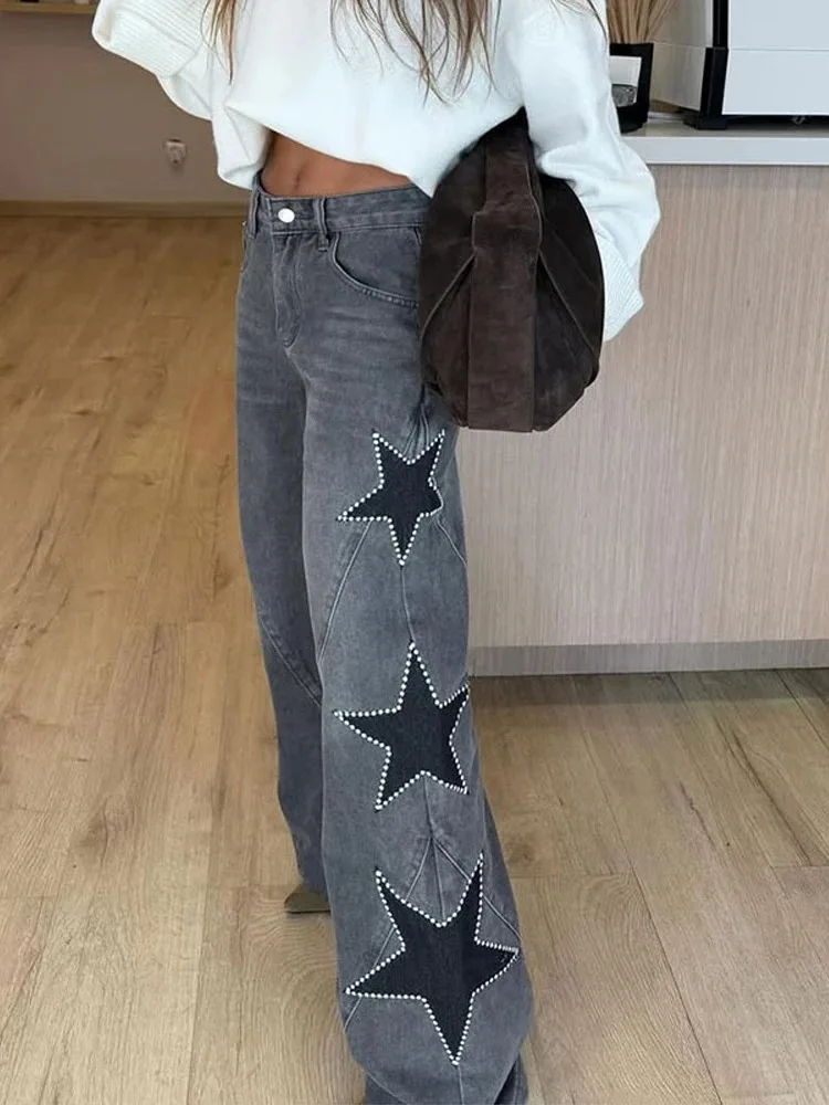 

Classic Studded Denim Jeans Pant Women's Star Patchwork Baggy Pants Wide Leg Trendy Streetwear Casual Daily Female Trousers