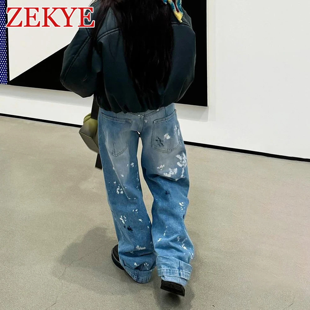 Zekye Graffiti High Waist Jeans Straight Leg Vintage Y2K Streetwear Whiting Baggy Cargo Pants Denim Patchwork Fashion Summer