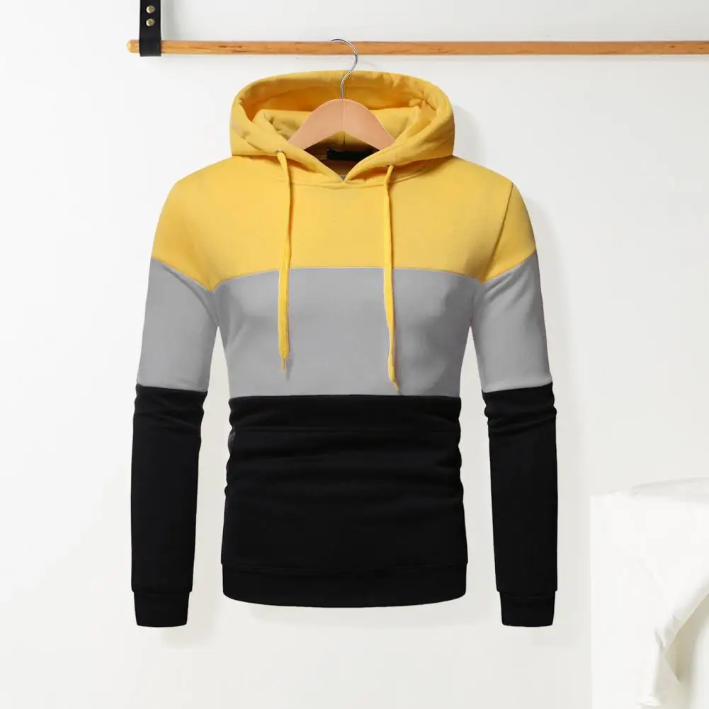 Contrast Color Hoodie Colorblock Drawstring Hoodie with Big Pocket for Men Retro Thin Loose School Wear Sport Top Fall Winter