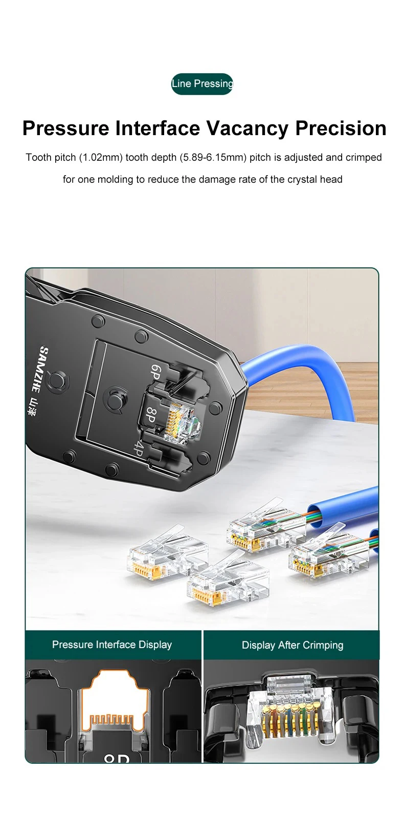 SAMZHE RJ45 Crimpzange 8P 6P 4P Crimper Stripper Cutter 3-in-1 für Cat7 Cat6 Cat5e 8P8C Modulare Steckverbinder Ethernet-Kabelwerkzeug – Detail 6