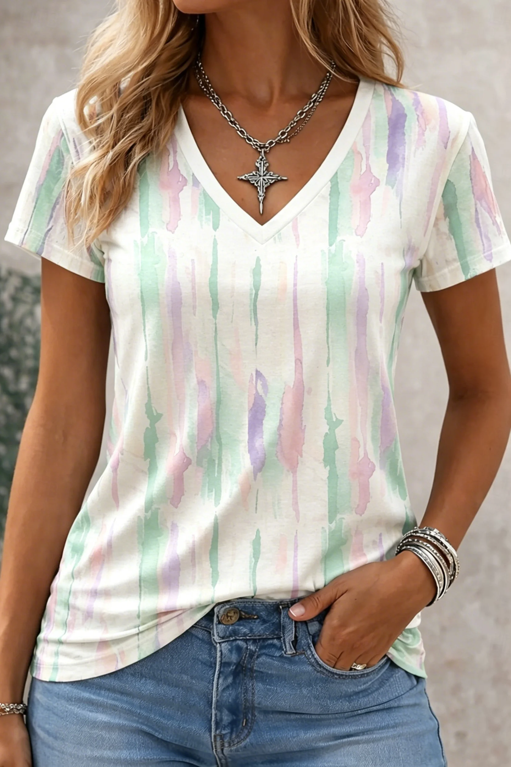 Women's Abstract Watercolor Streak Print V-Neck T-Shirt, Casual Short Sleeve Tops, Artistic Style Daily Wear for Spring & Summer
