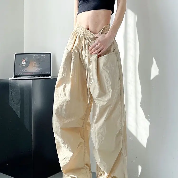 paratrooper work pants for women in summer,  two casual floor pants, lazy ice silk pleated parachute wide leg pants