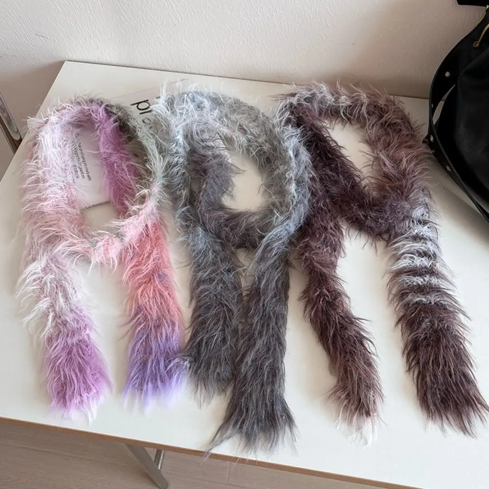 Fashion Harajuku Narrow Long Scarf Subculture Gradient Color Y2K Faux Fur Scarf Streetwear Casual Choker Streamer Women