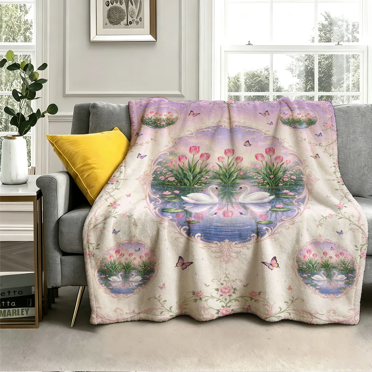 Swan Pair Tulip Lake Frame Flannel Blanket Warm Soft Halloween Christmas Decorative Couch Warm Cozy All-Season Gift