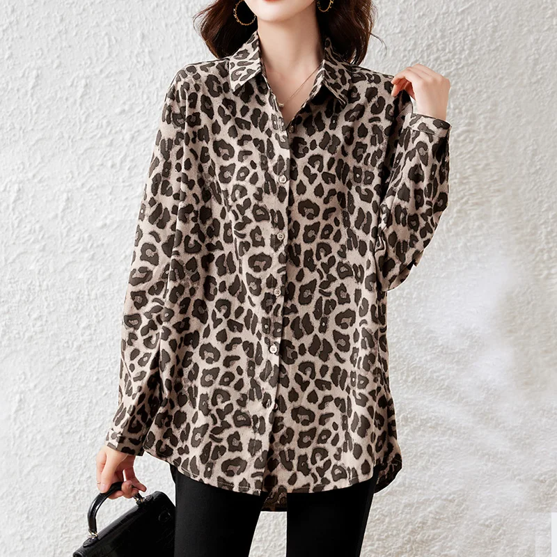 Women Leopard Print Luxury Chiffon Blouse Spring Autumn Long Sleeve Vintage Button Up Shirt Office Lady Casual Loose Tops Women