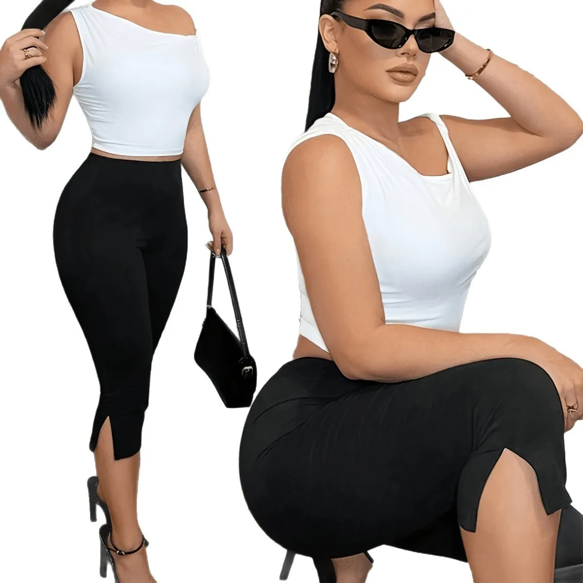 Women Leggings High Waist Black Elastic Waist Women's Legging Solid Slim Pants White Knee Length Brown Capri