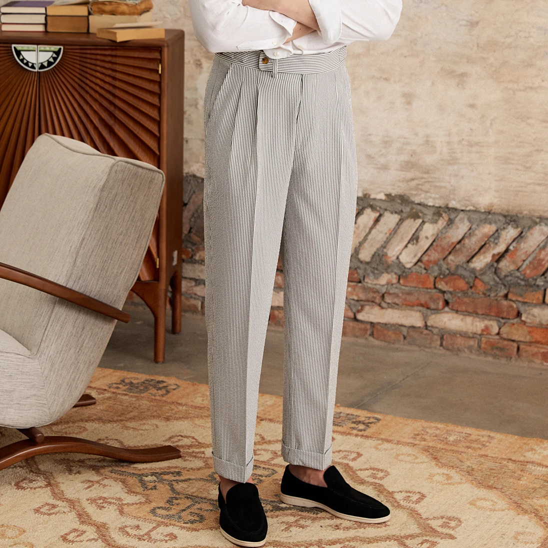 2024 Summer Bubble Wrap Striped High Waisted Straight Leg Pants Naples Breathable Thin Casual Suit Pants Men\'s Social Trousers