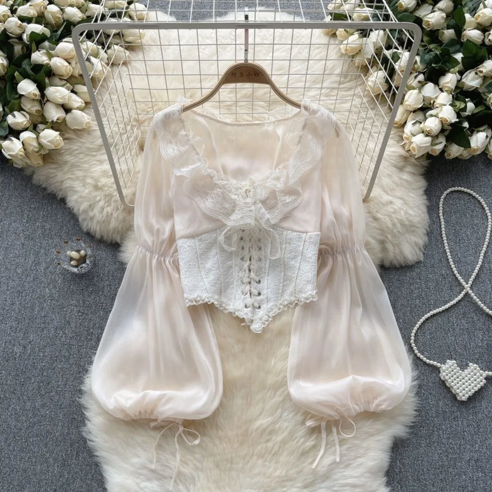 

French Court Style Mesh Ruffled Lace Chiffon Tops Patchwork Lace Chiffon Blouse Blusas Embroidery Lace-up Shirts Women