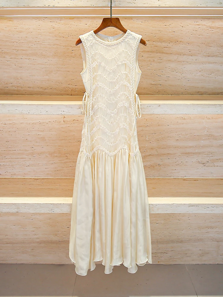 

Summer High-End Women's Long Svel Vest Dr Netting Fabric Small Fraance Sle mid Waist A-Line Midi Dr