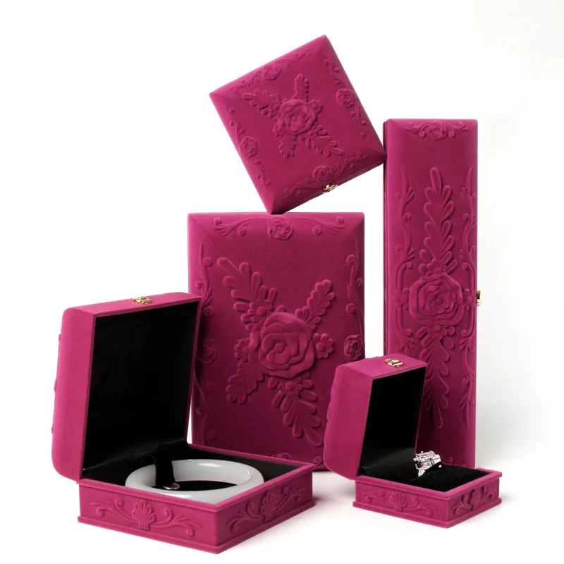 Jewelry Box Rose Red Embossed Rose Flower Jewelry Case Ring Earring Bracelet Necklace Pendant Display Wedding Packaging Gift Box