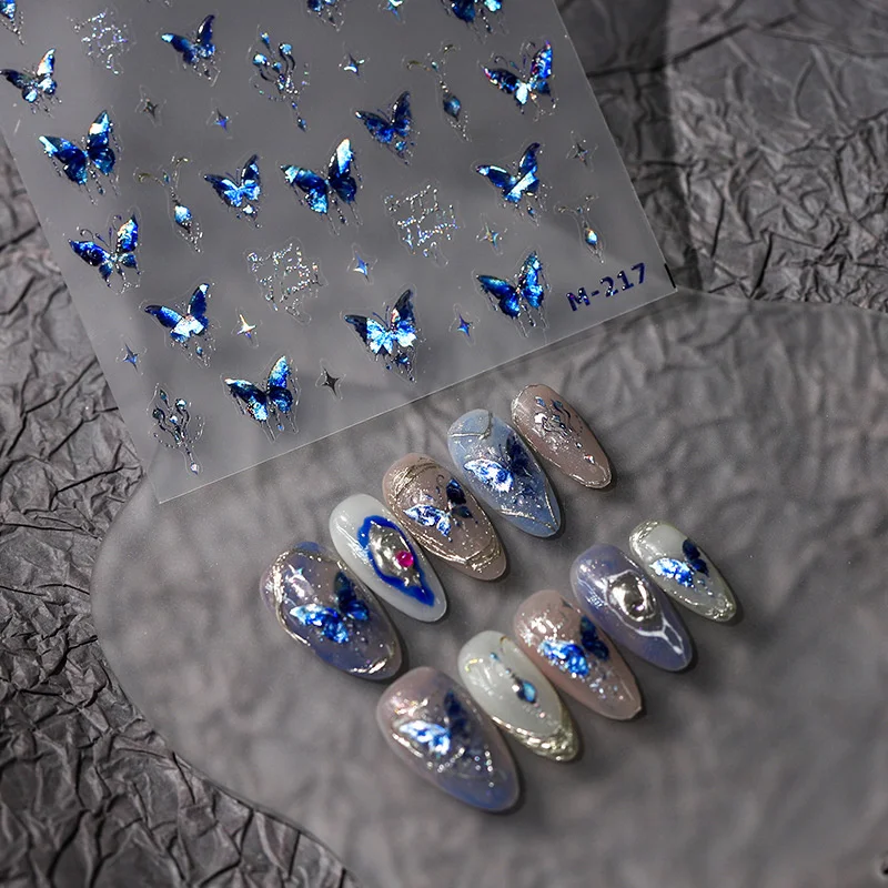 1pcs 5D Luxury Glitter Blue Butterfly  Stickers For Nails DIY  Slider Wraps Adheisve Nail Art Stickers Decals Manicure Charms