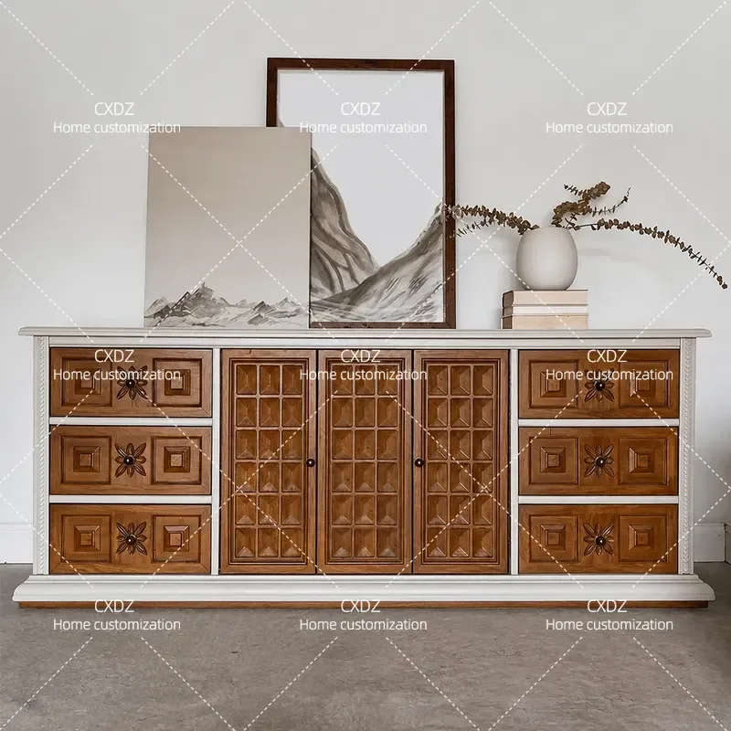 Retro Country Solid Wood Carved Flower TV Cabinet Locker Household Small Apartment Medieval Dining Side Cabinet Multi