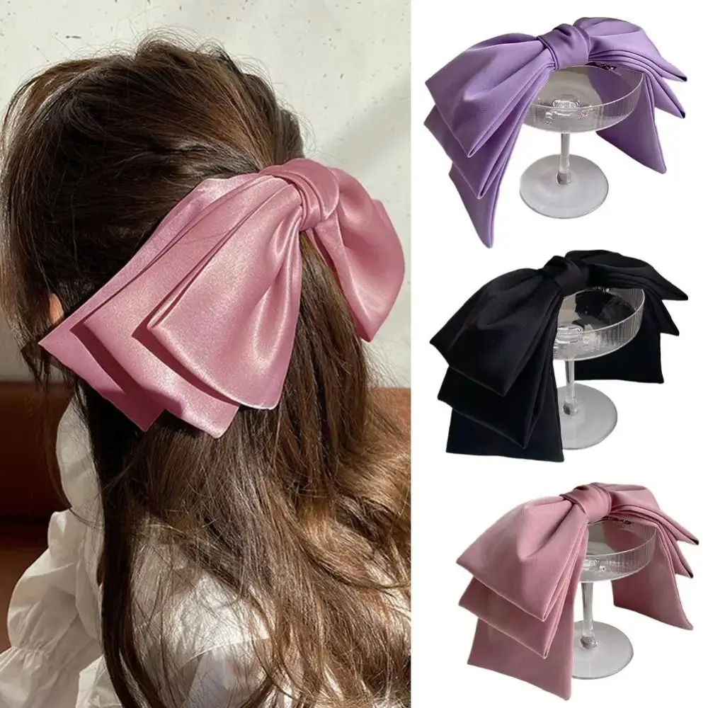 1Pcs Big Bow Satin Hair Clip Solid Pink Black Korean Fashion Pinches Hair Bows Multi Layer Girl Women Hair Pin