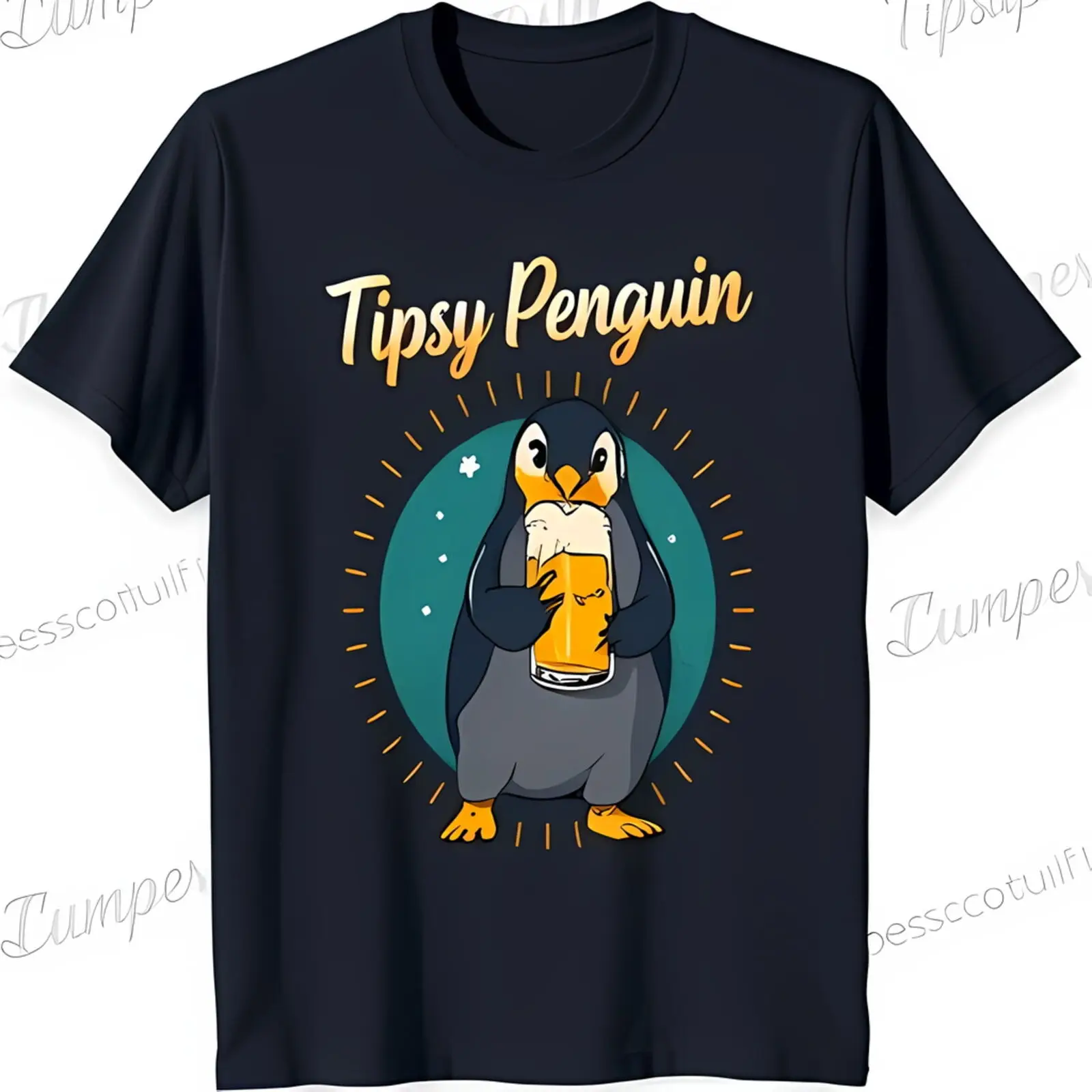 

Tipsy Penguin Graphic Tee Fun Black T-Shirt with Cartoon Penguin Design