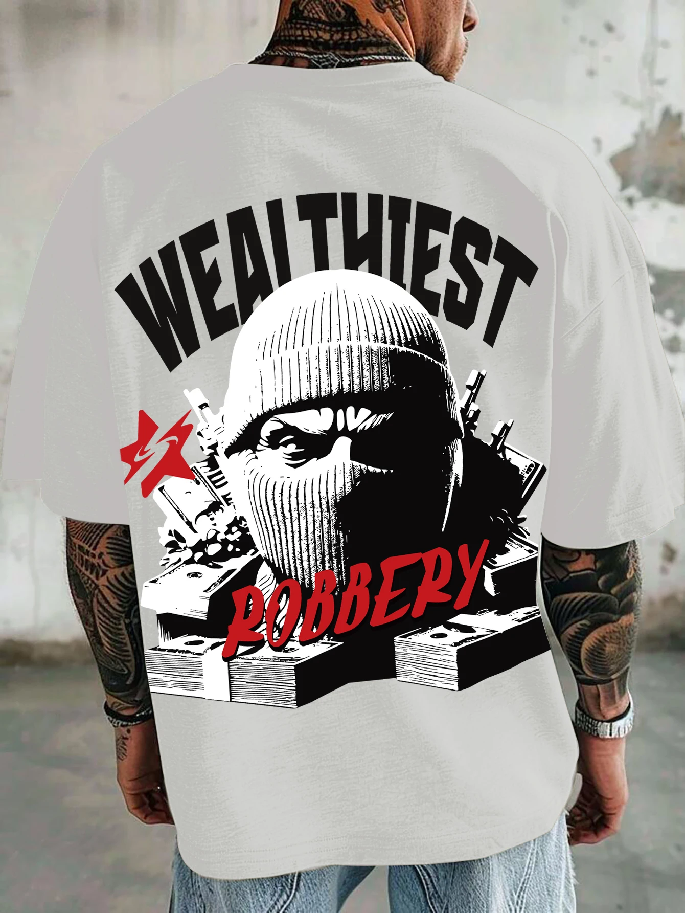 Men Oversized T-Shirt Balaclava Mask Cash Gun Red Star Wealthiest Robbery Arc Text Back Print Hip Hop Streetwear Loose Tee