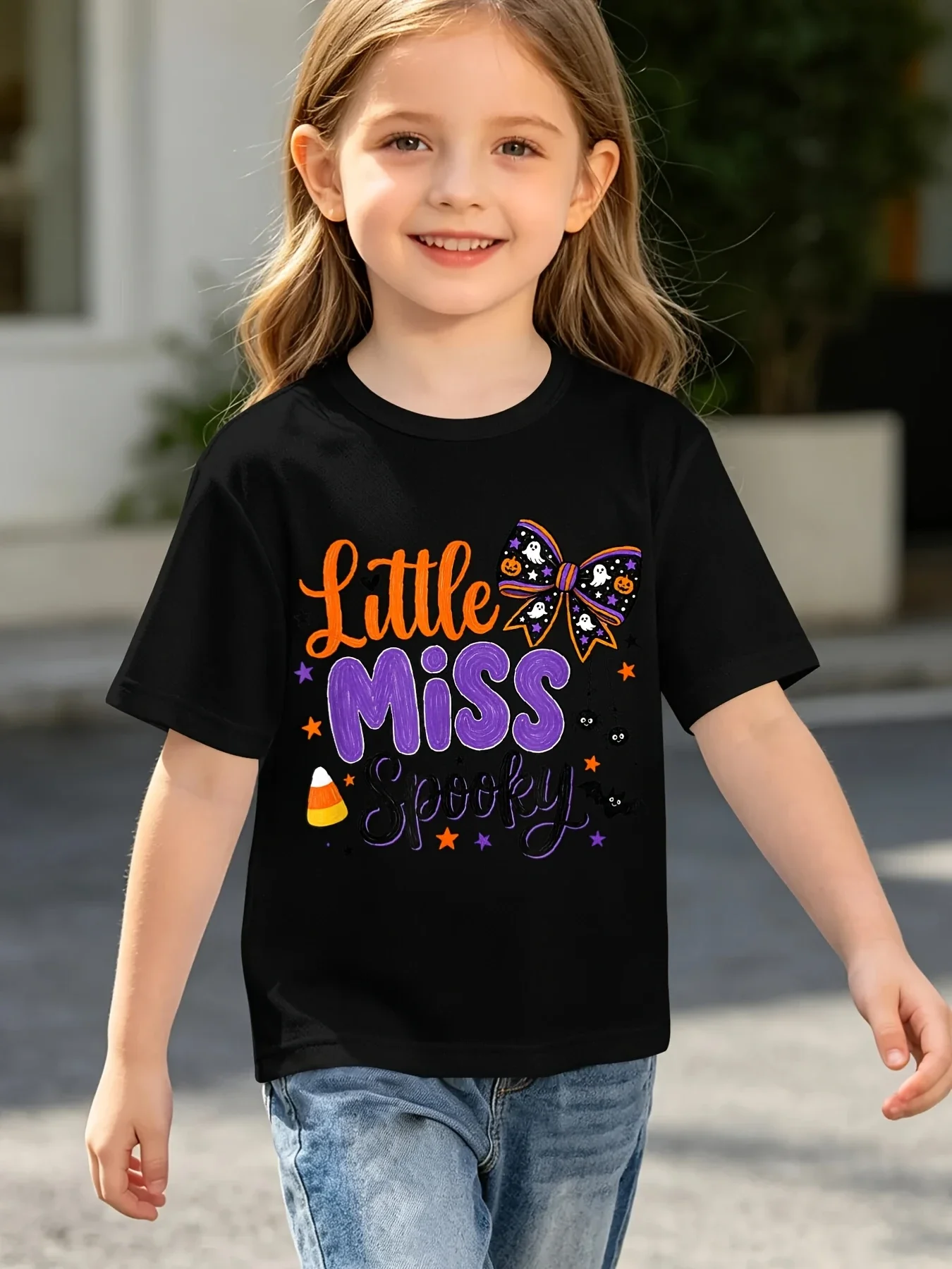 Summer Children Crew Neck Tshirt Little Miss Spooky Cute Halloween Elements Letter Graphic Print Short Sleeve Festival Top
