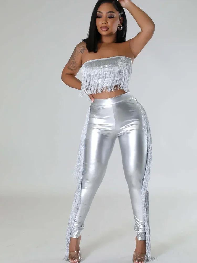 Sexy Metallic Tassels Pants Set Women 2 Piece Birthday Outfits Clubwear Strapless Crop Top and Pants Matching Sets Y2k Mujer